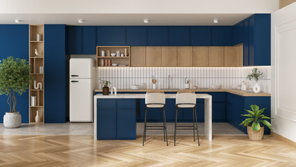 Blue kitchen and dinning room  interior design ,modern scandinavian  style ,3d render
