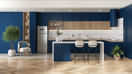 Blue kitchen  and dinning room  interior design ,modern scandinavian  style ,3d render