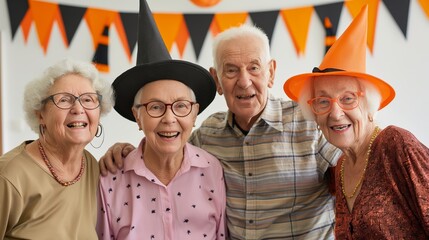 Celebrating Halloween - Senior Citizens Enjoying a Vibrant and Spooky Party with Costumes and Decorations