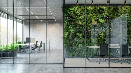 Modern bright and clean office with eco-friendly and green plant decoration, furniture and equipment, AI generated for Ads