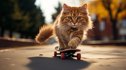 Cat skillfully rides a skateboard on a sunlit street during autumn, showcasing its playful spirit and agility while drawing attention from passersby