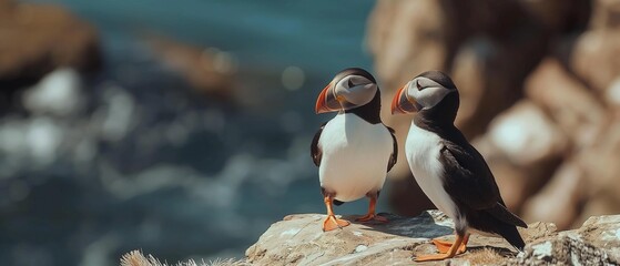 AI generator image of Atlantic Puffin,Puffin, Fratercula arctica, holds the fish in its mouth. to feed baby birds Along the rocks and the pink flower garden by the sea