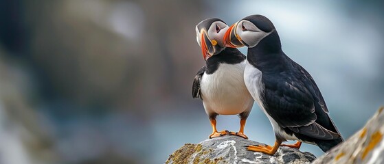 AI generator image of Atlantic Puffin,Puffin, Fratercula arctica, holds the fish in its mouth. to feed baby birds Along the rocks and the pink flower garden by the sea