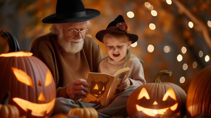 Joyful Halloween Storytime with Grandpa - Intergenerational Bonding and Spooky Tales Amid Pumpkins and Warm Lights