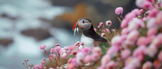 AI generator image of Atlantic Puffin,Puffin, Fratercula arctica, holds the fish in its mouth. to feed baby birds Along the rocks and the pink flower garden by the sea