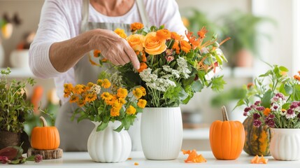 Senior woman arranging autumn flowers in vases, preparing festive floral decorations with pumpkins