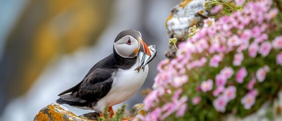 AI generator image of Atlantic Puffin,Puffin, Fratercula arctica, holds the fish in its mouth. to feed baby birds Along the rocks and the pink flower garden by the sea