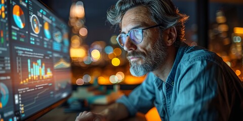 Professional man analyzing data on a computer screen in a modern office during nighttime in a city setting surrounded by bright lights