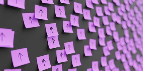 Many violet stickers on black board background with arrow pointing up symbol drawn on them. Closeup view with narrow depth of field and selective focus. 3d render, Illustration