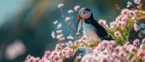 AI generator image of Atlantic Puffin,Puffin, Fratercula arctica, holds the fish in its mouth. to feed baby birds Along the rocks and the pink flower garden by the sea