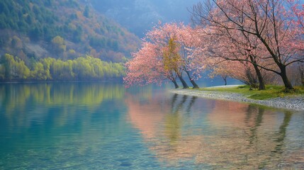 AI generator image of Qingming season (Pure Brightness), Reflection energy, no human, HD Photography, High resolution, a serene scene by a tranquil riverbank, clear water reflecting the vibrant colors