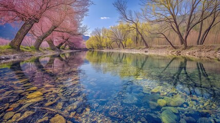 AI generator image of Qingming season (Pure Brightness), Reflection energy, no human, HD Photography, High resolution, a serene scene by a tranquil riverbank, clear water reflecting the vibrant colors