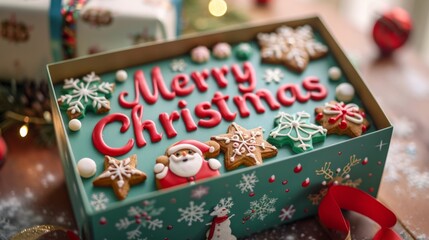 Obraz premium Festive cookies decorated with Merry Christmas message and holiday-themed designs placed in a colorful gift box during the festive season