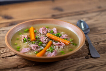smoked meat soup with vegetables and rice