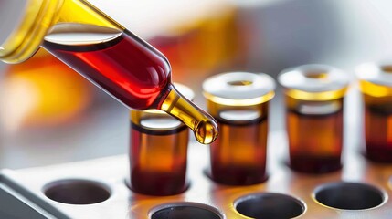 A close-up image of a dropper containing orange-brown liquid poised above multiple vials in a lab environment, highlighting careful and precise chemical handling in experiments.