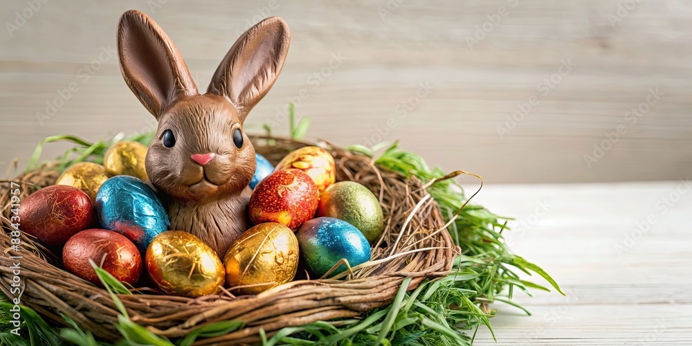 Wall mural Easter nest filled with chocolate eggs and a decorated bunny , Easter, nest, chocolate eggs, decorated bunny, holiday