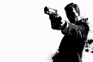 A black and white silhouette of a man aiming a gun with splattered ink effects adding a dramatic touch