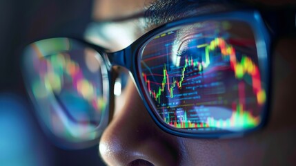Close-up view of a person analyzing stock market trends reflected in glasses while engaged in financial trading