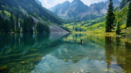 Naklejka premium Tranquil lake with crystal-clear water reflecting surrounding trees and mountains, providing a calming and peaceful scene. 