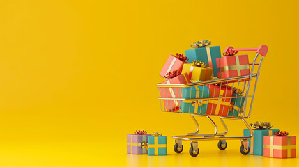 Fototapeta premium The shopping cart is filled with colorful gift boxes, on yellow background