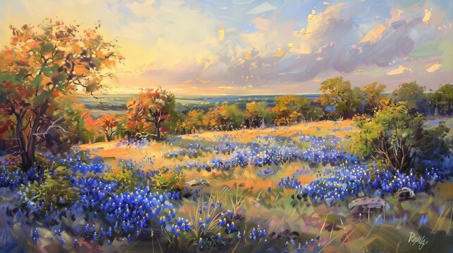 A beautiful landscape painting of a sunset over a field carpeted with vibrant bluebonnets, featuring a colorful sky with scattered clouds and distant horizon.
