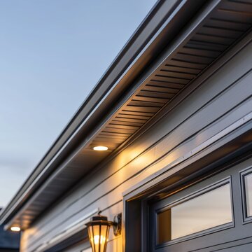 View of modern house exterior with stylish lighting and intricate soffit design during twilight hours