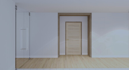 Door way with wooden door. Corridor of apartment building.
