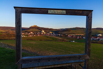 Fototapeta premium Falkenstein ruins and town with vineyard, Lower Austria, Austria