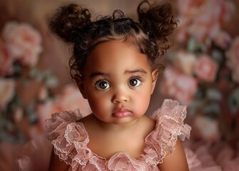 7s hispanic light brown complexion baby girl, fine hair in a little ponytail, posing for the camera in a highly detailed pink dress