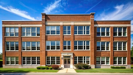 American school building with brick facade and multiple windows, school, building, exterior, architecture, education