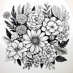 Fototapeta premium Beautiful black and white floral illustration for prints, apparel, decor, and commercial projects.