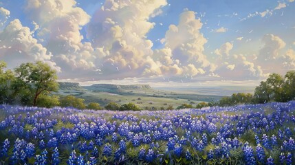 This painting captures an expansive field densely populated with lush bluebonnet flowers stretching towards the horizon, framed by vast, sunlit clouds and distant cliffs.