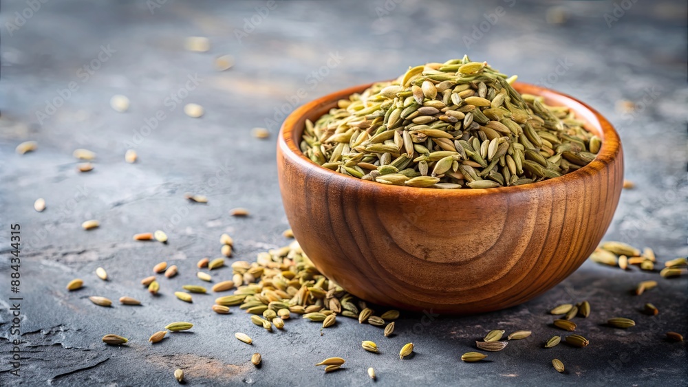 Wall mural Close-up of dried Indian spice fennel in a wooden bowl on a gray background with copyspace , fennel, spice