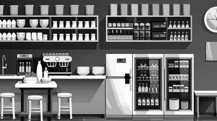Commercial Refrigerator flat design, top view, restaurant theme, animation, black and white
