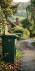 Green wheelie bin outside a country cottage, overlooking rolling hills