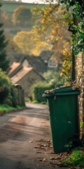 Naklejka premium Green wheelie bin outside a country cottage, overlooking rolling hills