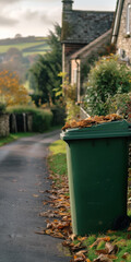 Naklejka premium Green wheelie bin outside a country cottage, overlooking rolling hills