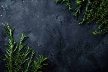 Dark slate background with green sprigs of rosemary and thyme
