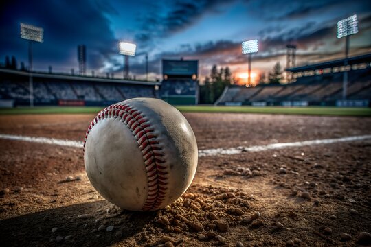 Close-up of a baseball on the pitcher's mound in an empty stadium at sunset, highlighting the beauty of the sport and the serenity of the moment.