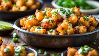 Homemade Mexican Tater Tot Nachos Tachos with Cheese Cilantro and Jalapeno
