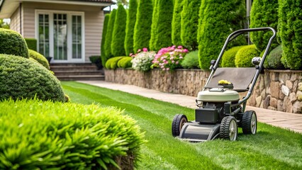 Lawn mower cutting green grass in a tidy backyard with lush plants, flowers, and a well-kept garden next to a charming house.