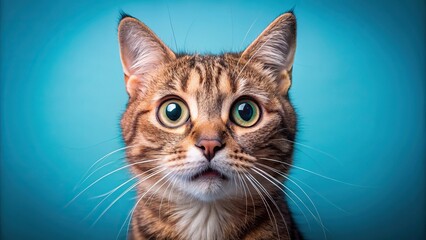 Fototapeta premium Adorable whiskered feline with large round eyes and open mouth expresses shock against a bright calming blue studio background atmosphere.