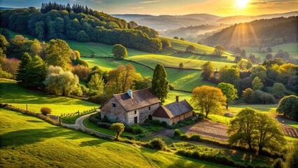 Quaint rural serenity prevails in a secluded, ancient farmhouse landscape with lush forests, rolling hills, and sun-kissed agricultural terrain.