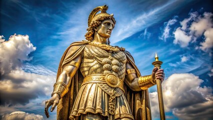 Obraz premium Majestic statue of ancient Greek warrior king Alexander the Great standing proudly on pedestal with intricate stone carvings and gold accents.