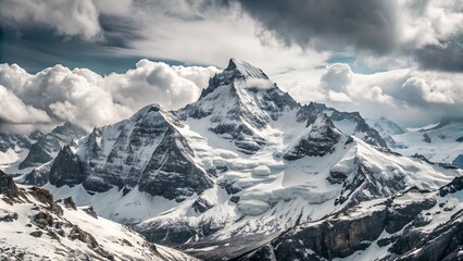 Obraz premium A breathtaking view of snow-covered mountain peaks under a dramatic sky, showcasing the beauty of nature and the majesty of high altitudes.