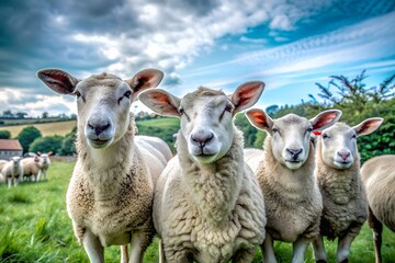 Obraz premium A flock of sheep standing on a lush green pasture under a cloudy sky, showcasing serene countryside life and natural beauty.