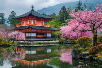 Fototapeta premium Serene Japanese Temple Enveloped in Blooming Cherry Blossoms