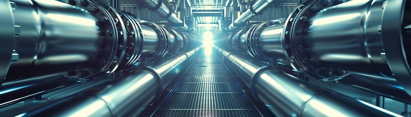 A long, futuristic corridor with pipes and machinery. The end of the corridor is bright.