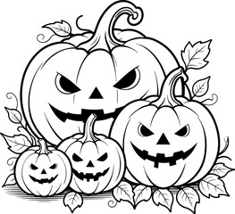 Fototapeta premium Isolated Halloween pumpkin cartoon outline illustration, design element for Halloween, coloring book, vegetable, pumpkins clipart, fall pumpkins, decoration, festive, nursery, children book, drawing