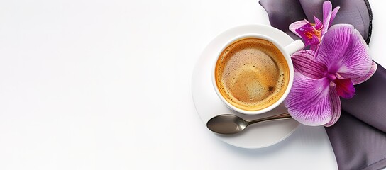 A cup of cappuccino and a purple orchid flower on a white background